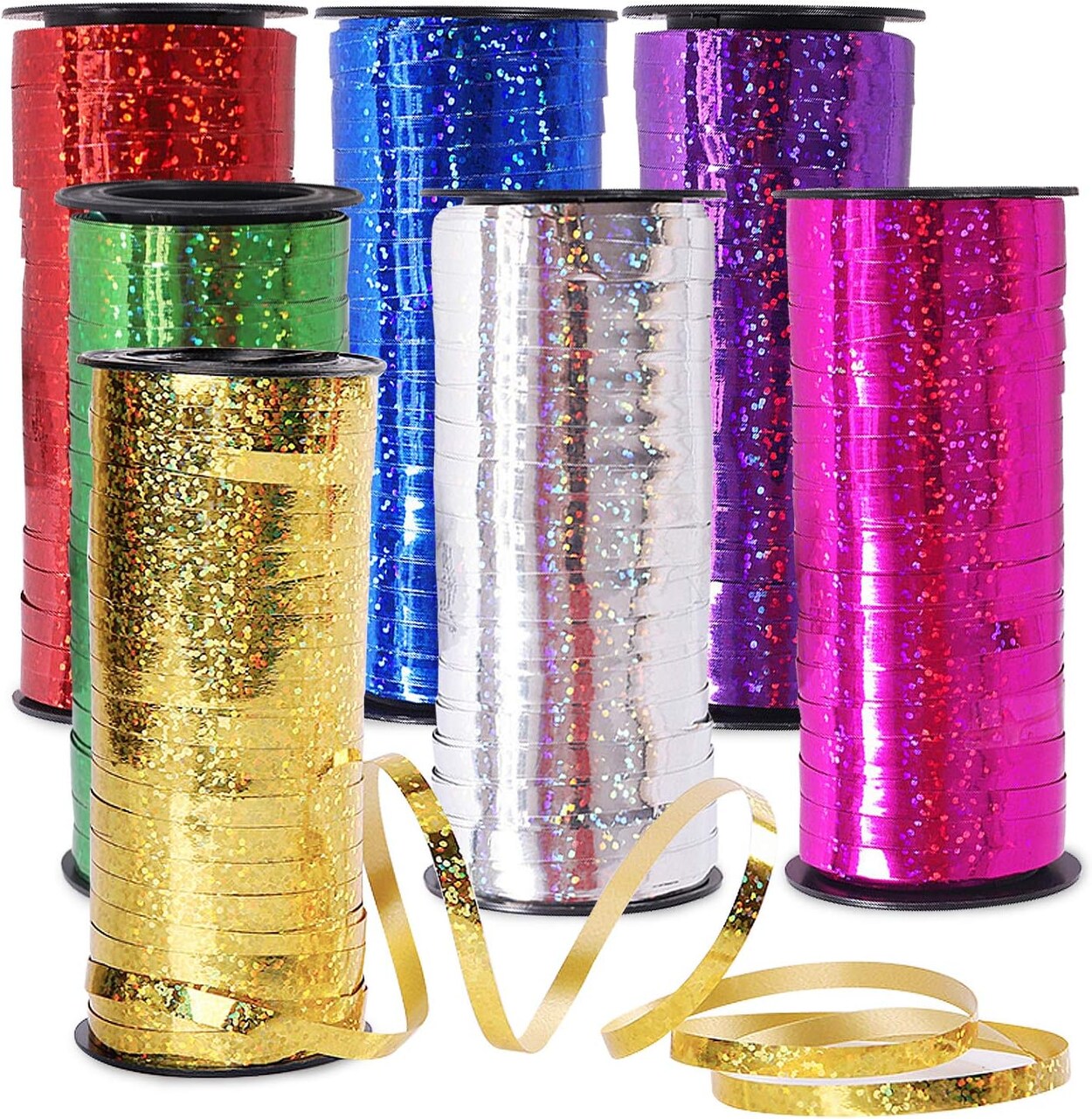 7 Pack Curling Ribbon, Crimped Curling Ribbon Metallic Balloon Ribbon Gift Wrap Ribbon Balloon String Shiny Wrapping Ribbon for Crafts, Christmas, Birthday, Wedding, Party Decoration (Glittered)